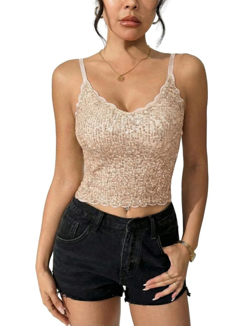 🆕Women's Gold Built in Bra Tank Tops Sequin Sparkly  Sleeveless Shirts